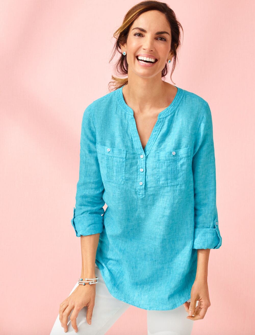 Talbots Blue Linen Pintuck Popover Tunic Top Camp Shirt SP PS Small Petite